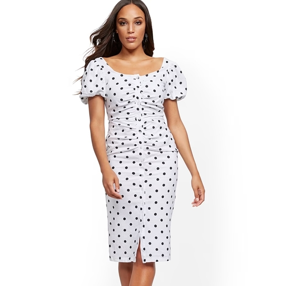 New York & Company Polka Dot Puff Sleeve Midi Dress size XSmall New - Picture 2 of 13